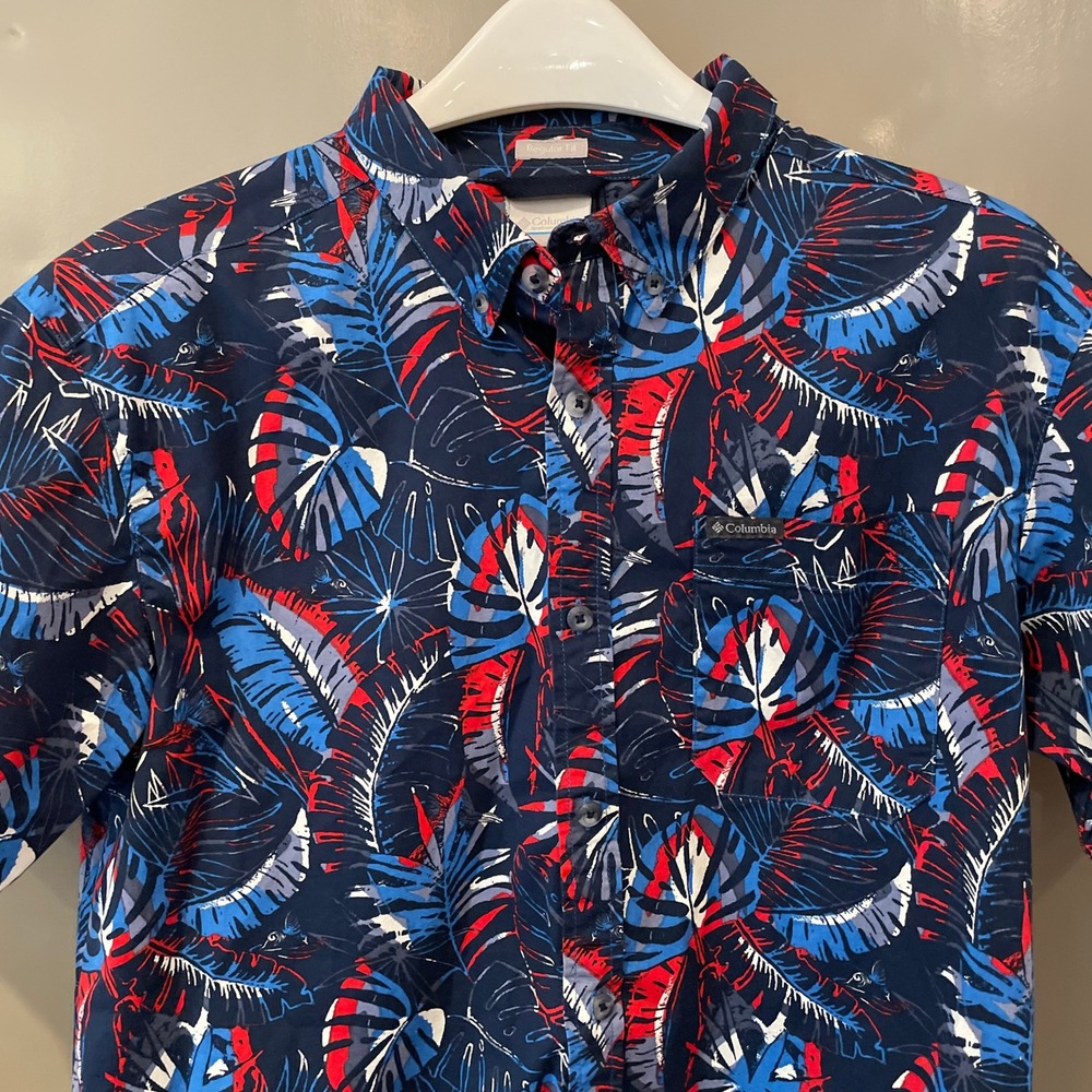Columbia Mens Hawaiian Print July 4th Button Up Shirt Red White Blue Large